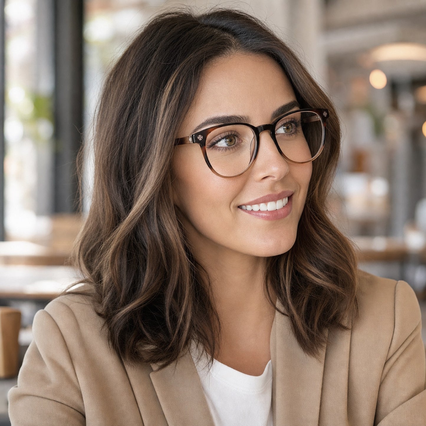 Woman wearing Avery gradient optical frames in a modern cafe