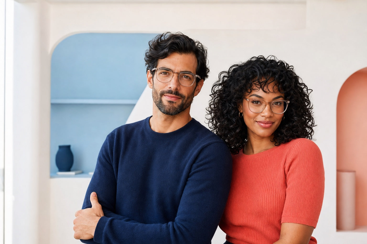 Two customers wearing stylish prescription eyeglasses